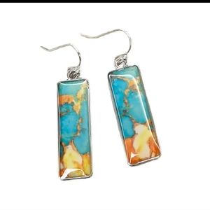 Vintage Minimalist Style Turquoise Dangle Drop Unique Silver Plated Earrings.